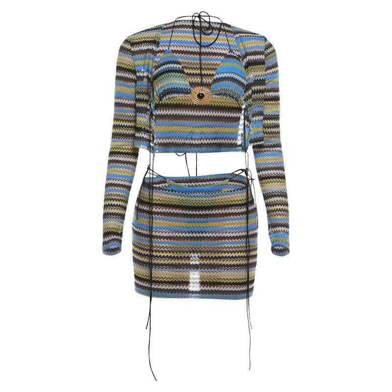 Striped Knit Beach Cover Up Bikini set