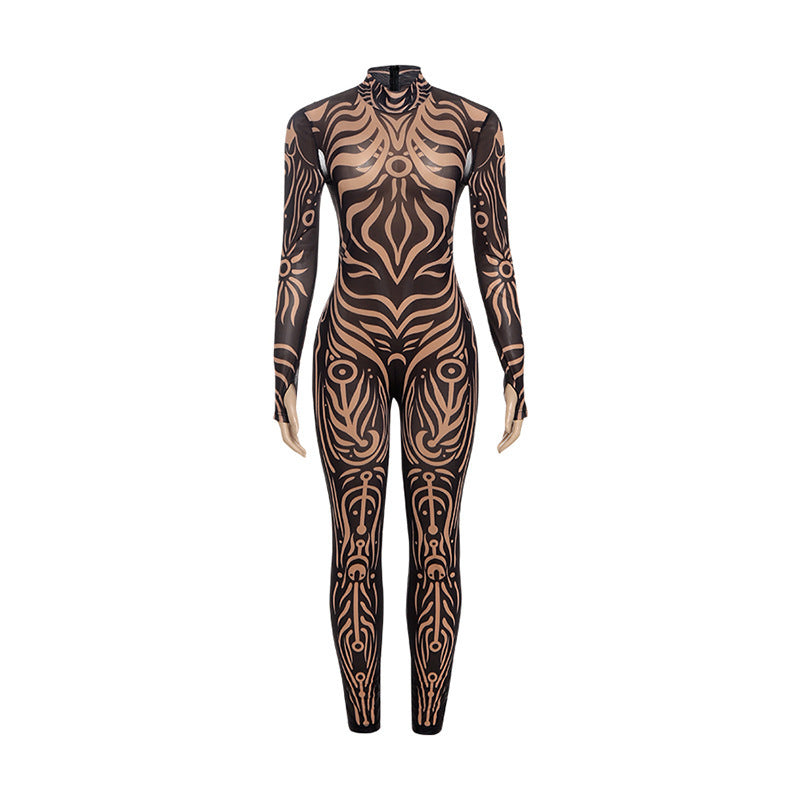 Tribal Tattoo Print Sheer Mesh Catsuit