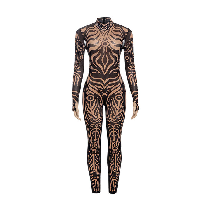 Tribal Tattoo Print Sheer Mesh Catsuit