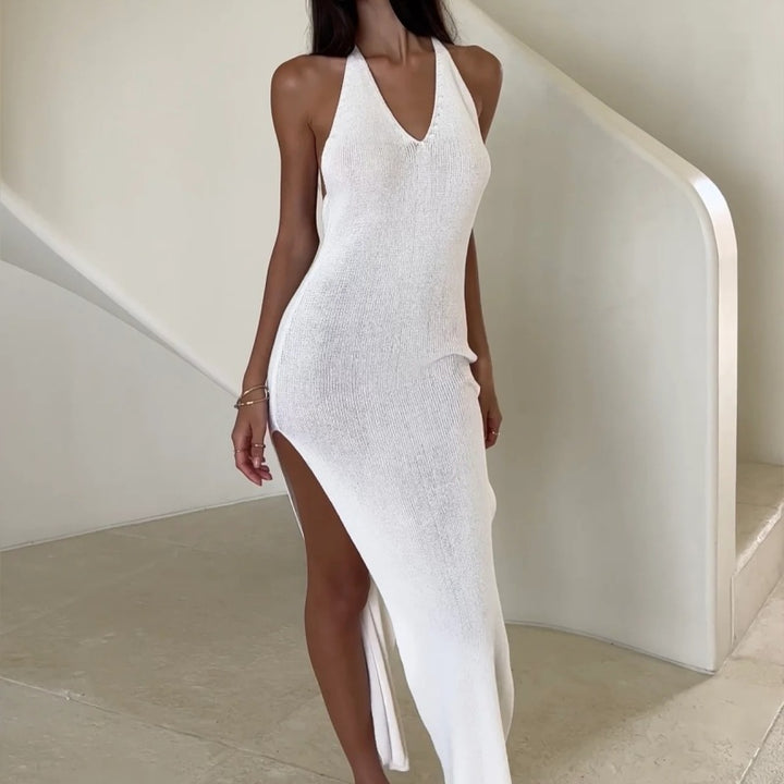 Backless Knit Beach Maxi Dress With Crisscross Straps