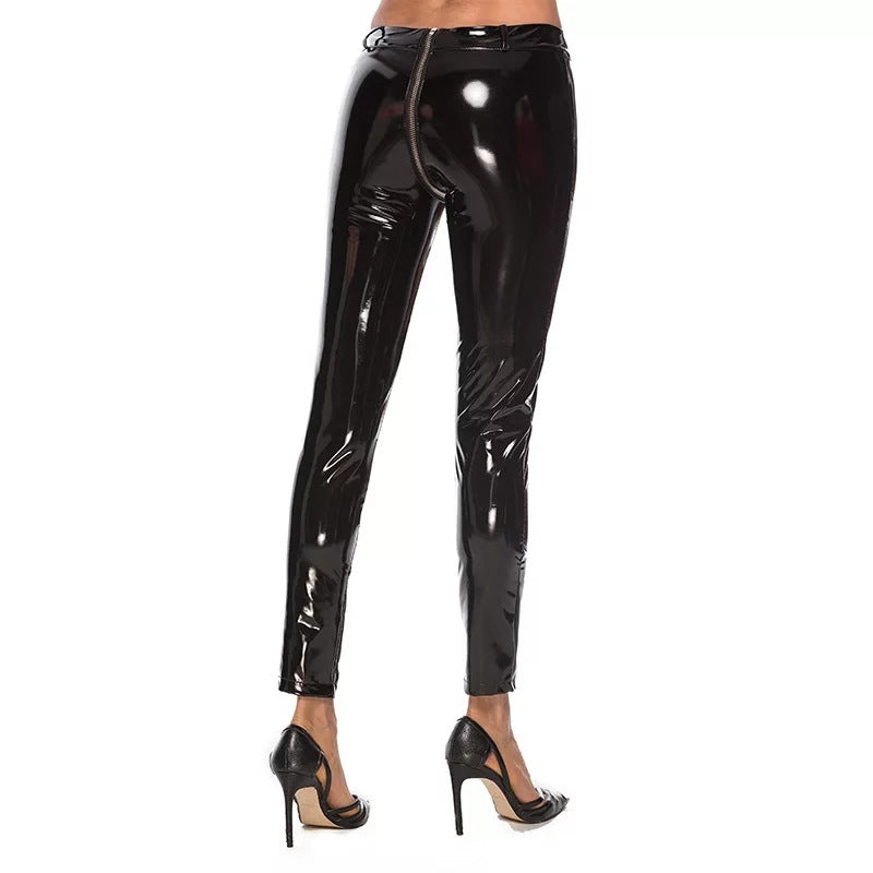 Shiny Leather High Waist Zip Up Leggings