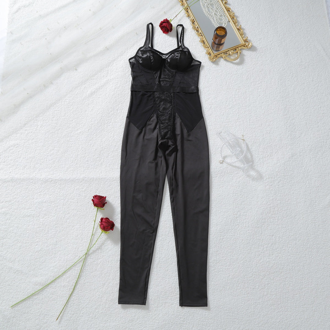 Sheer Mesh Panel Satin Bustier Jumpsuit