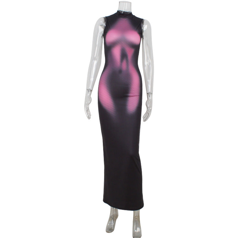 Sleeveless High Neck Body Print Maxi Dress