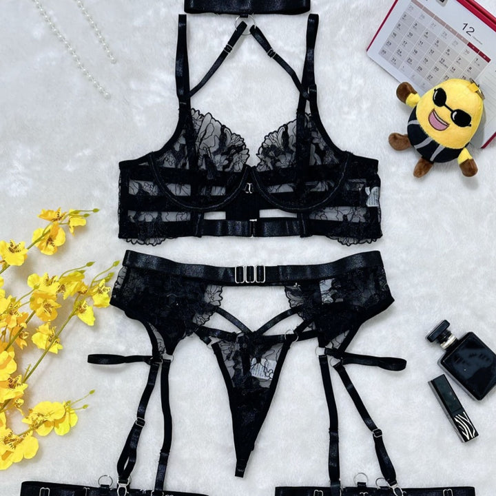 Noir Crossed Desire Embroidered Harness Lingerie
