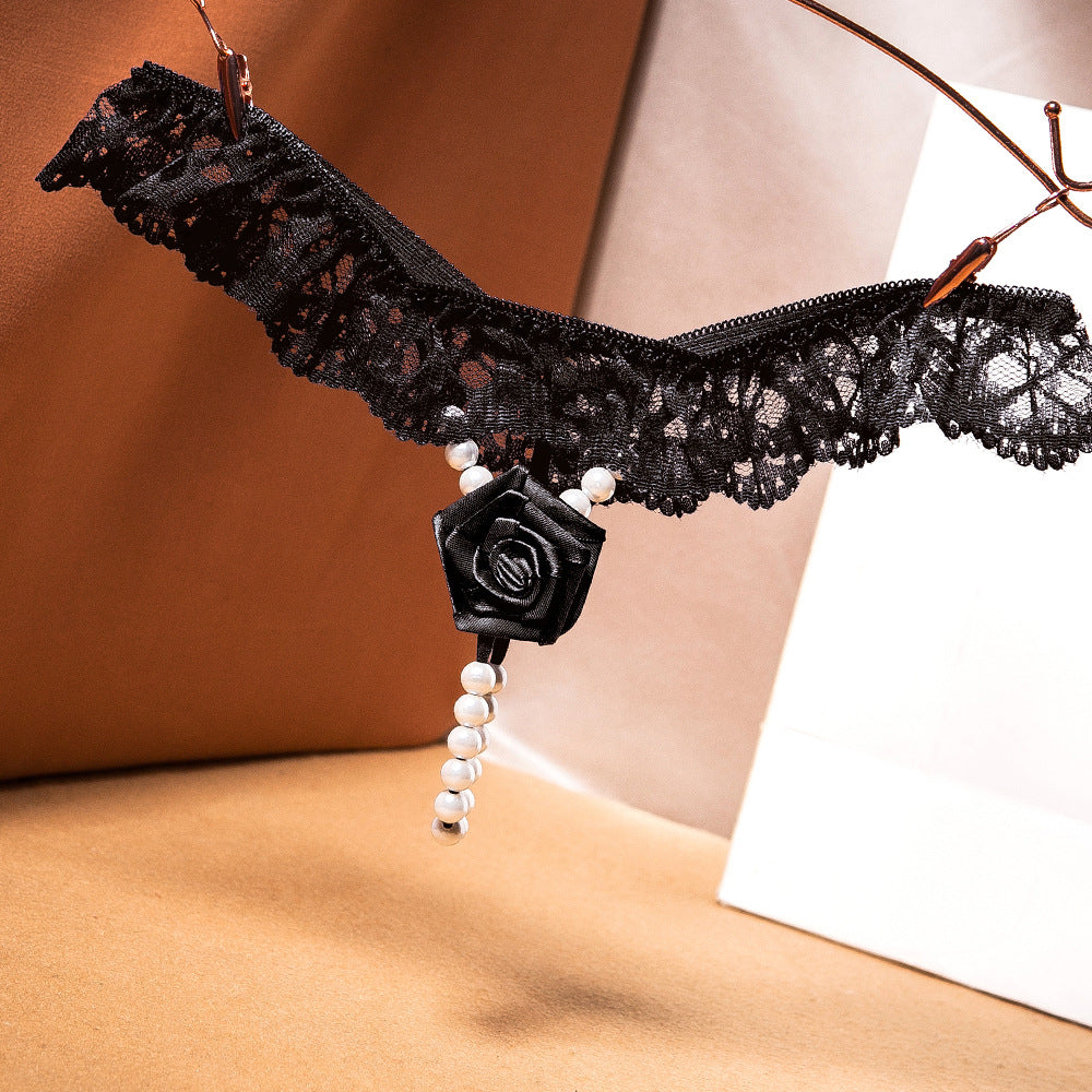 Rose Charm Pearl Drop Lace Ruffle Thong