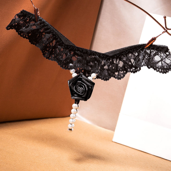 Rose Charm Pearl Drop Lace Ruffle Thong