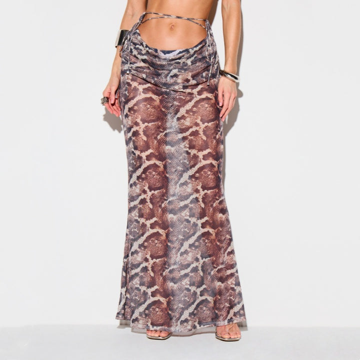 Sheer Mesh Ruched Waist Tie Long Skirt
