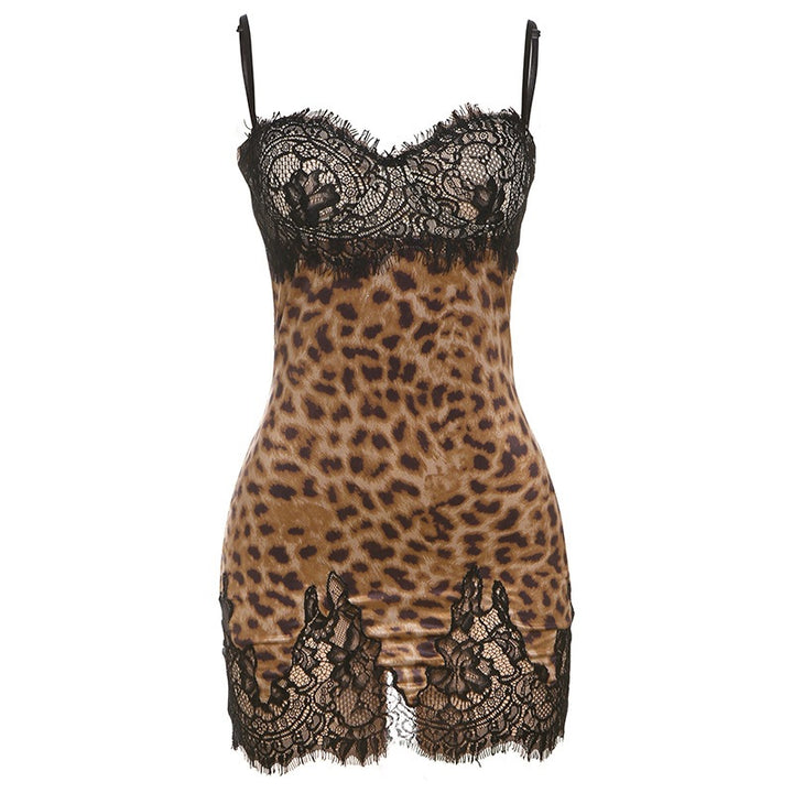 Leopard Lace Trim Slip Dress