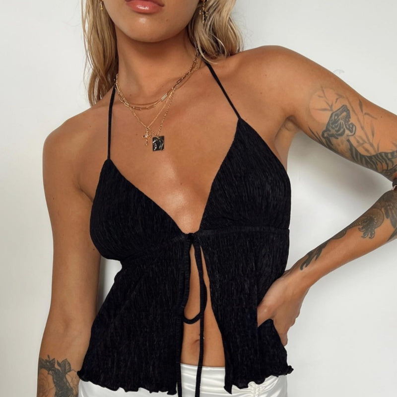Crinkle Halter Tie‑Front Open Cami Top