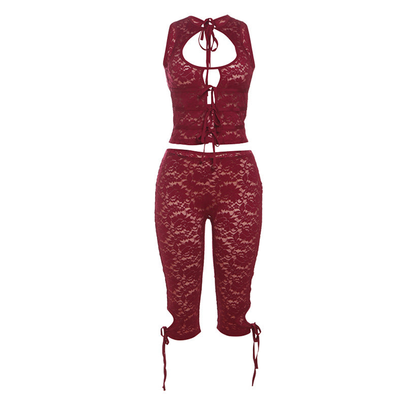 Floral Lace Cutout Tie Front Matching Set