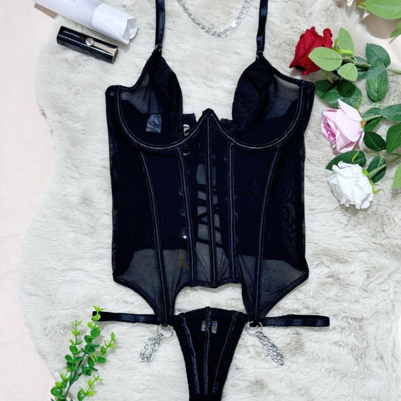 Boned Waist Cincher Chain Detail Garter Lingerie