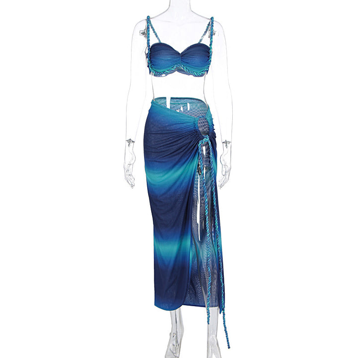 Rope Strap Crop Top & Side‑Slit Maxi Skirt Set