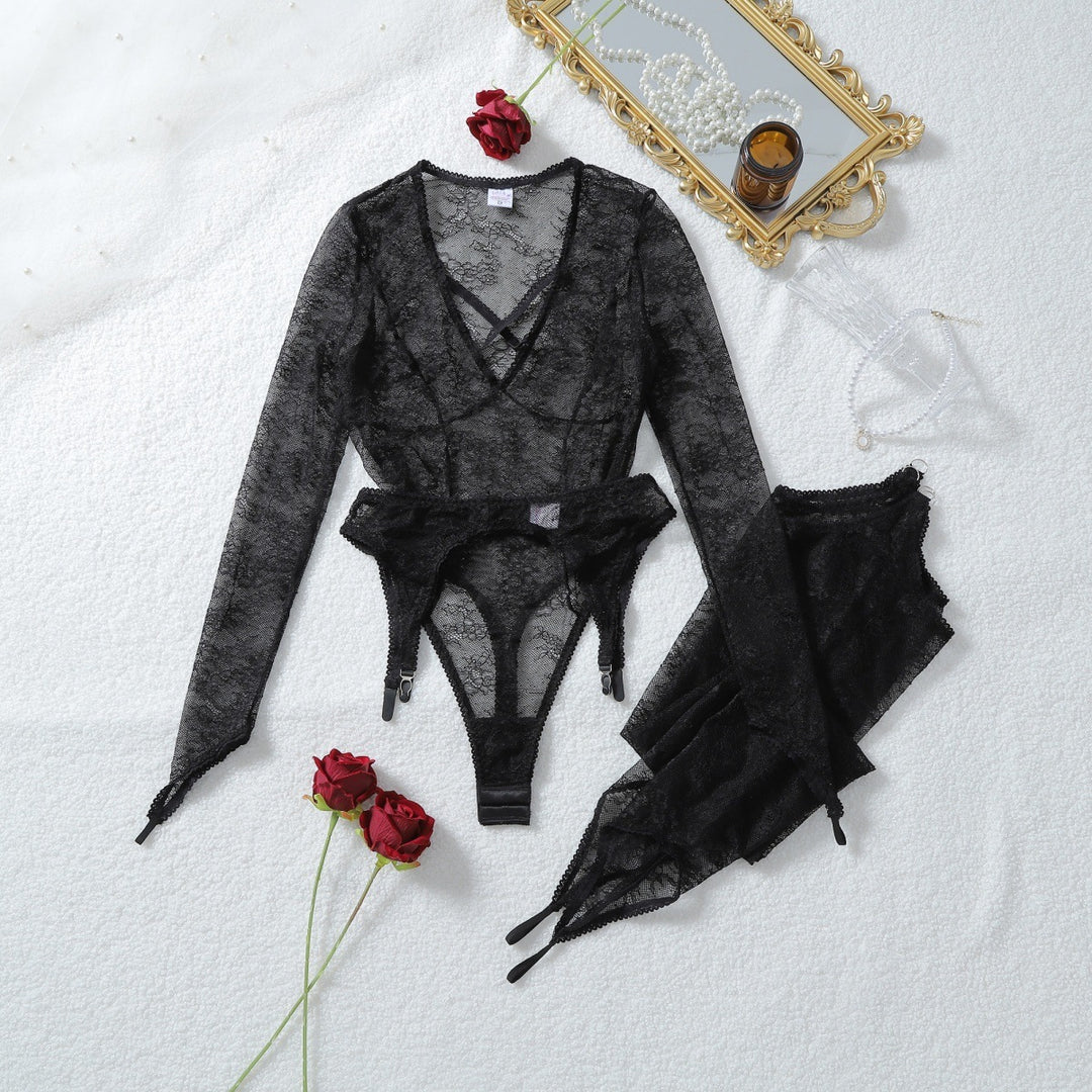 Fashion Sexy Cut-Out Floral Lace Long Sleeve Bodysuit