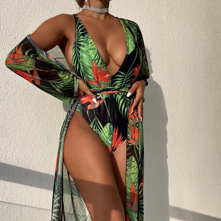 Tropical Seduction Robe Plunge Swimsuit Set