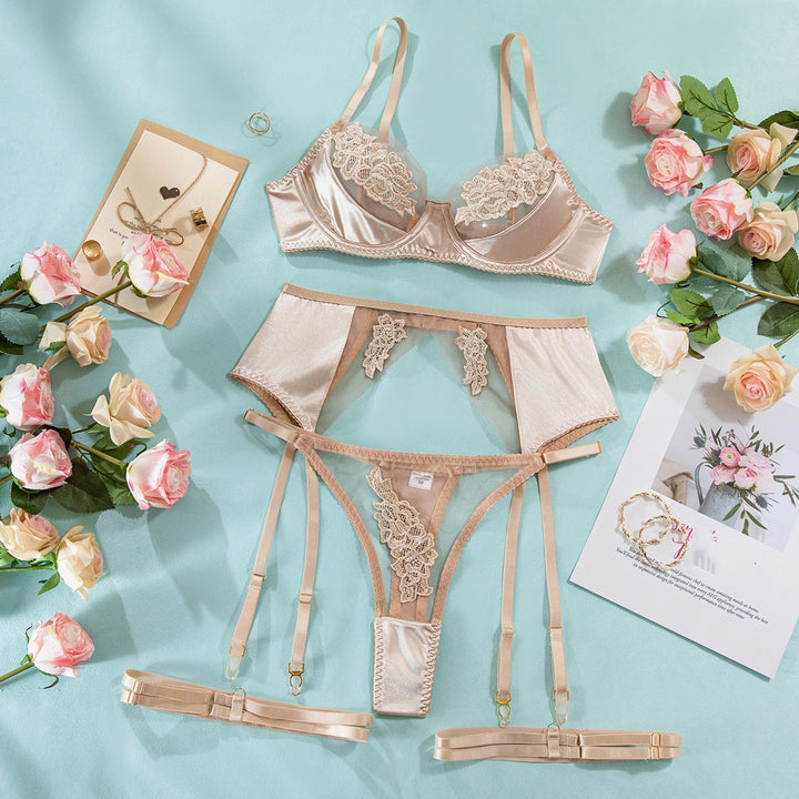 Splice Satin Floral Lace Lingerie Set