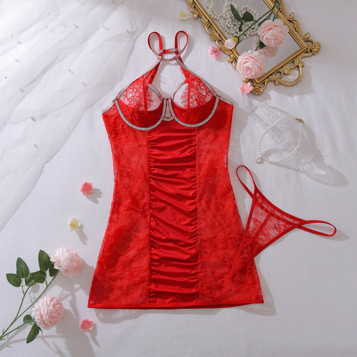 Rhinestone Halter Lace Chemise Nightwear
