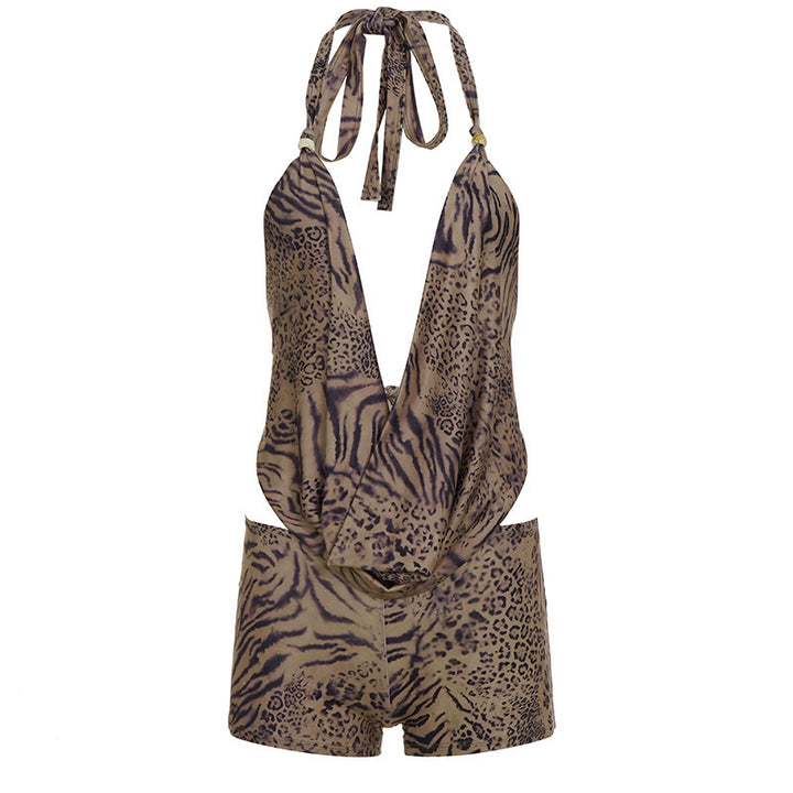 Leopard Print Halter Cover Up Romper