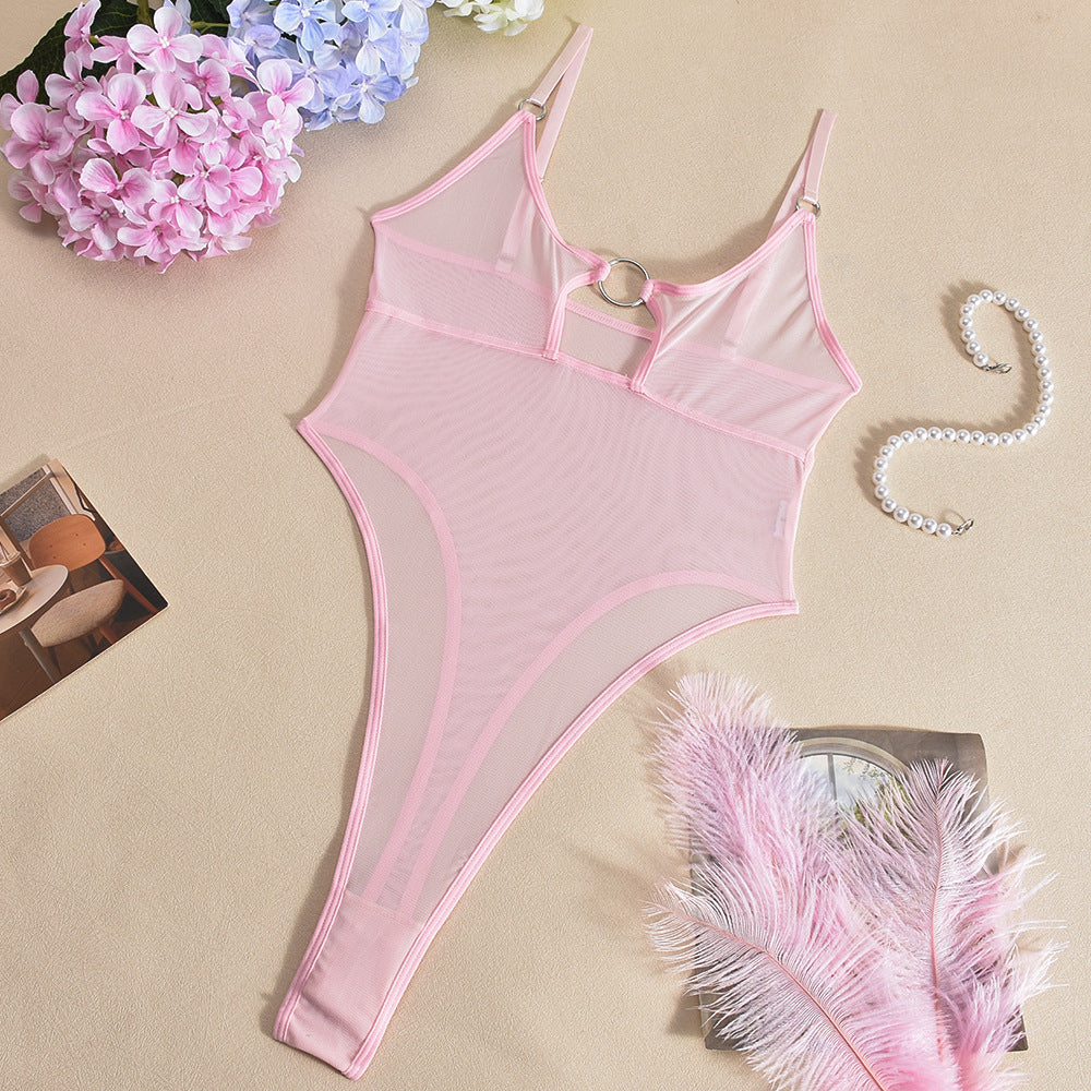 Solid Color O Ring Cutout Mesh Bodysuit