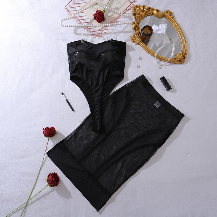 Sheer Mesh Sculpted Bodysuit Skirt Set