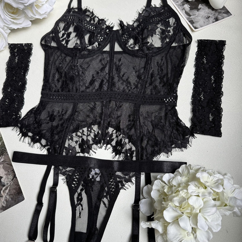Midnight Desire Black Lace Corset Lingerie