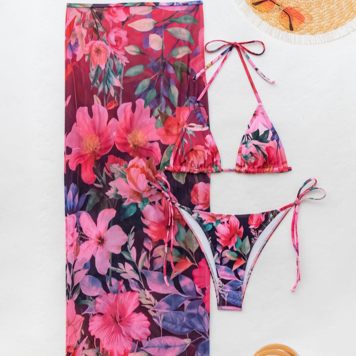 Halter Bikini & Sheer Mesh Maxi Skirt Co‑ord