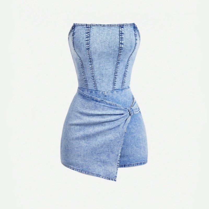Strapless Corset Stitch Denim Skort Romper