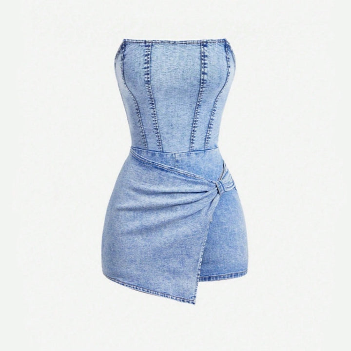 Strapless Corset Stitch Denim Skort Romper