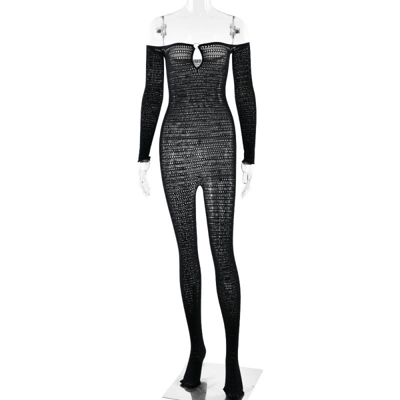 Off Shoulder Long Sleeve Mesh Jumpsuit