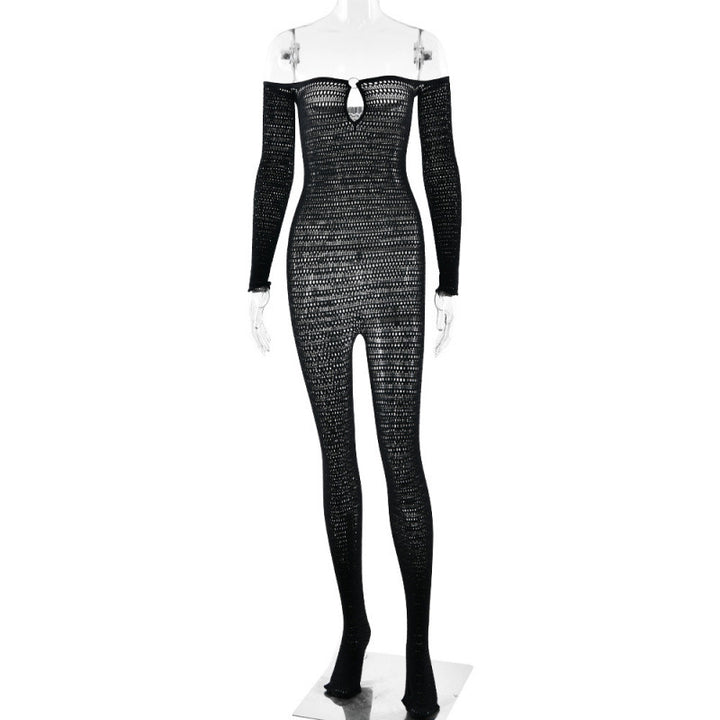 Off Shoulder Long Sleeve Mesh Jumpsuit