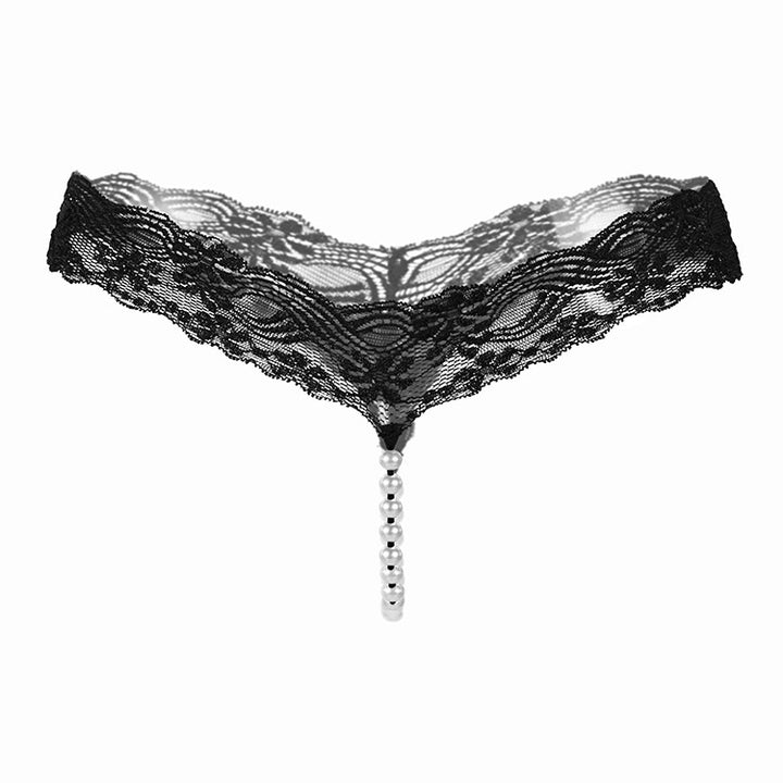 Pearl-Embellished Lace Thong