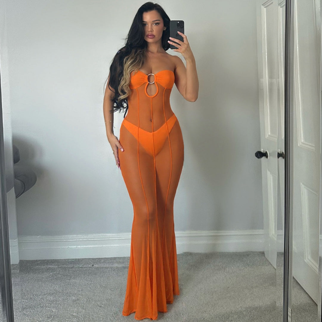 Bare Whisper Off-Shoulder Sheer Mesh Bodycon Dress