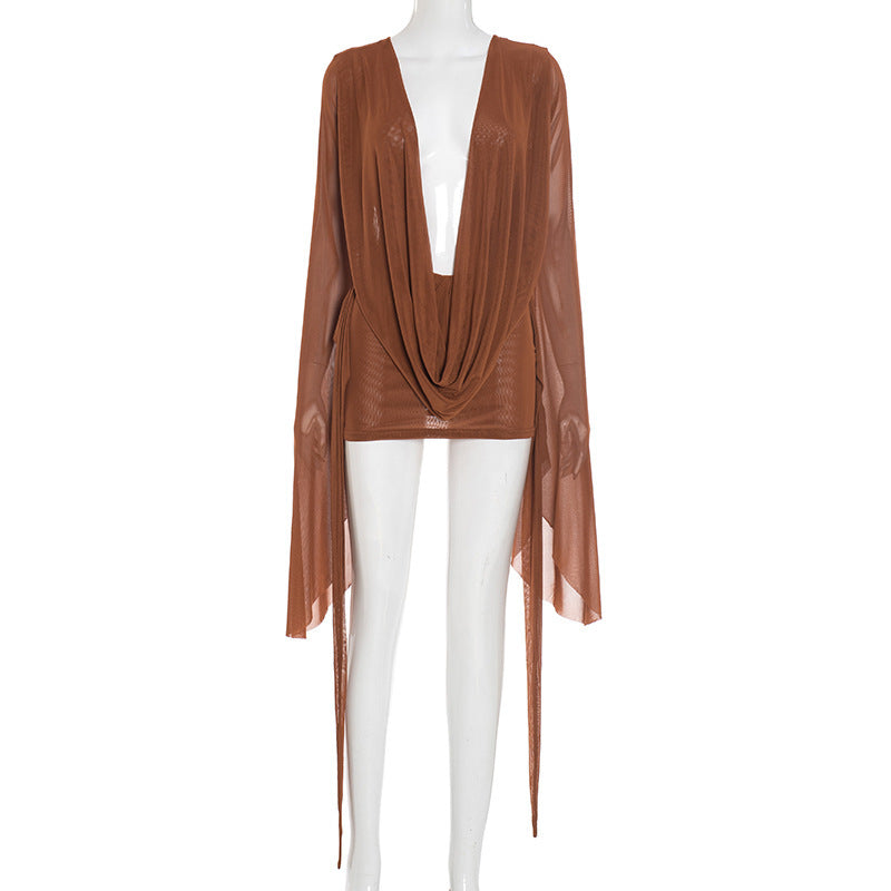 Flare Long Sleeve Draped Dress