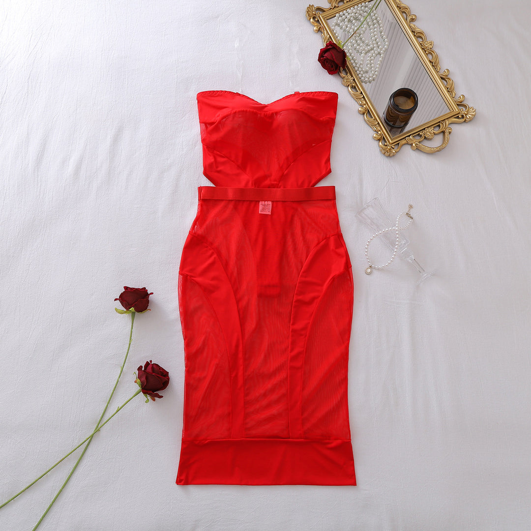 Sheer Mesh Sculpted Bodysuit Skirt Set