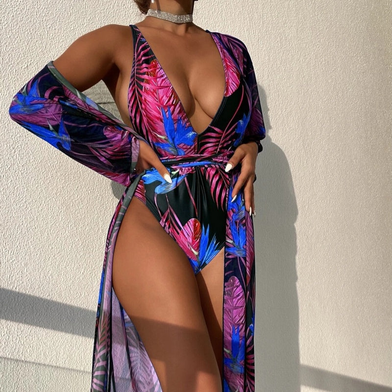 Tropical Seduction Robe Plunge Swimsuit Set