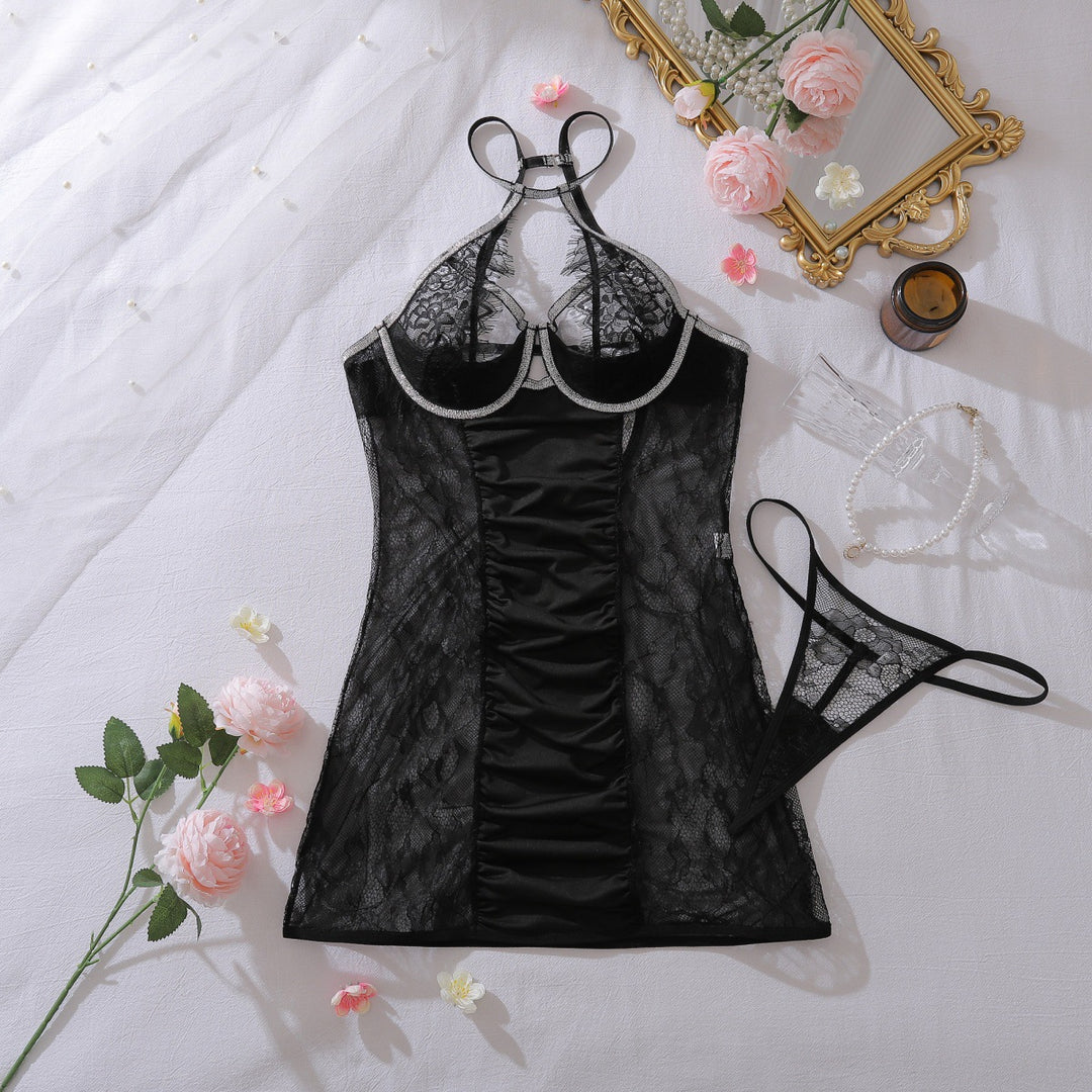 Rhinestone Halter Lace Chemise Nightwear