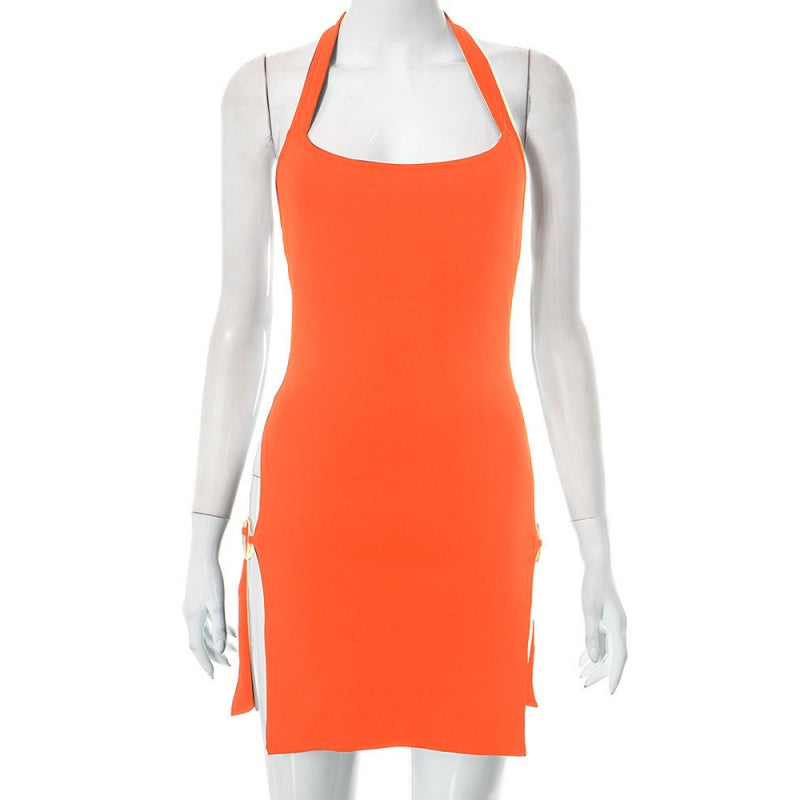 Halter O‑Ring Cutout Side Slit Mini Dress