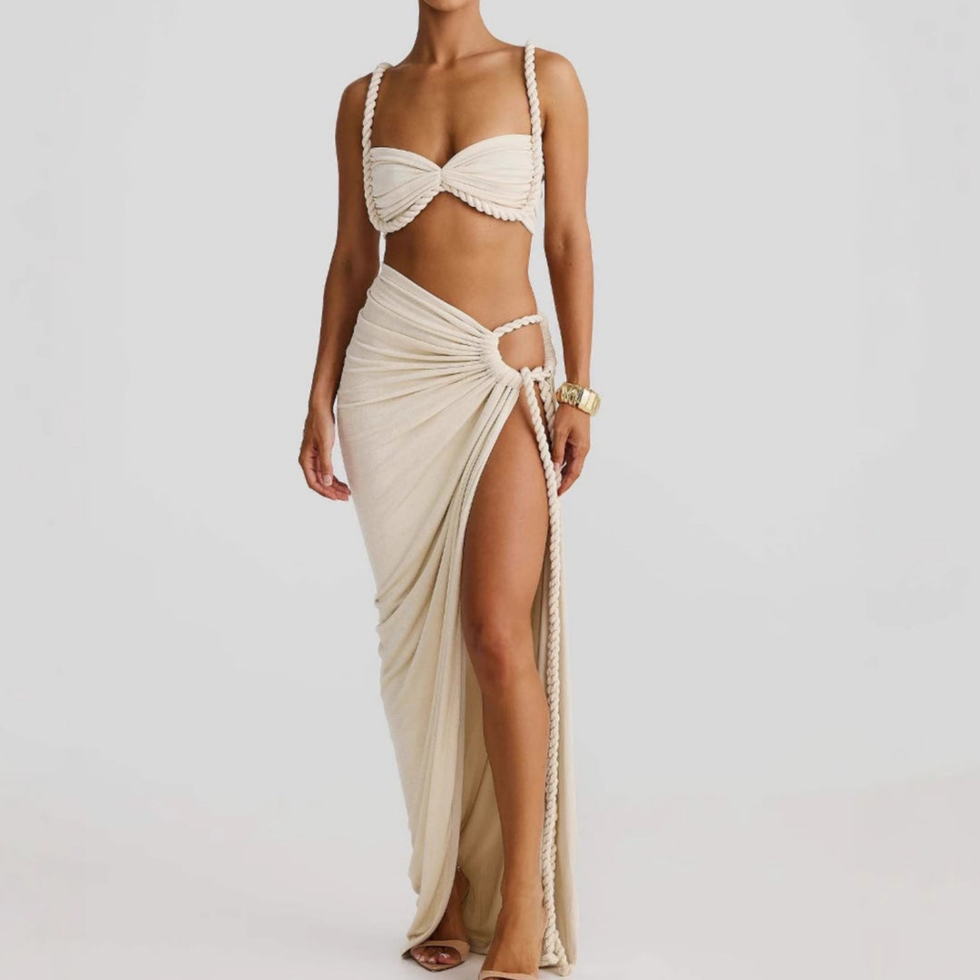 Rope Strap Crop Top & Side‑Slit Maxi Skirt Set