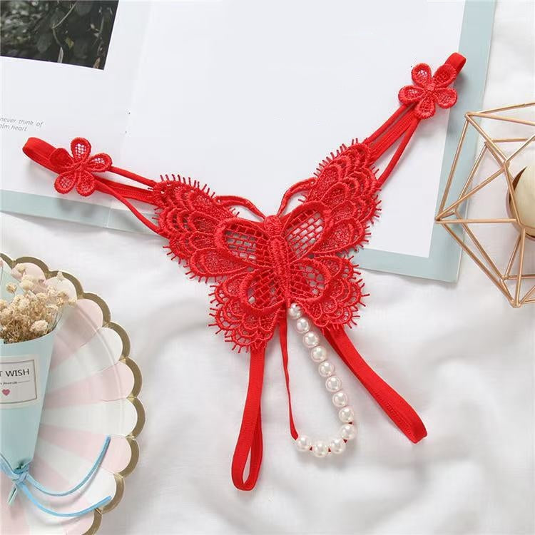 Butterfly Lace Dangling Pearl Thong