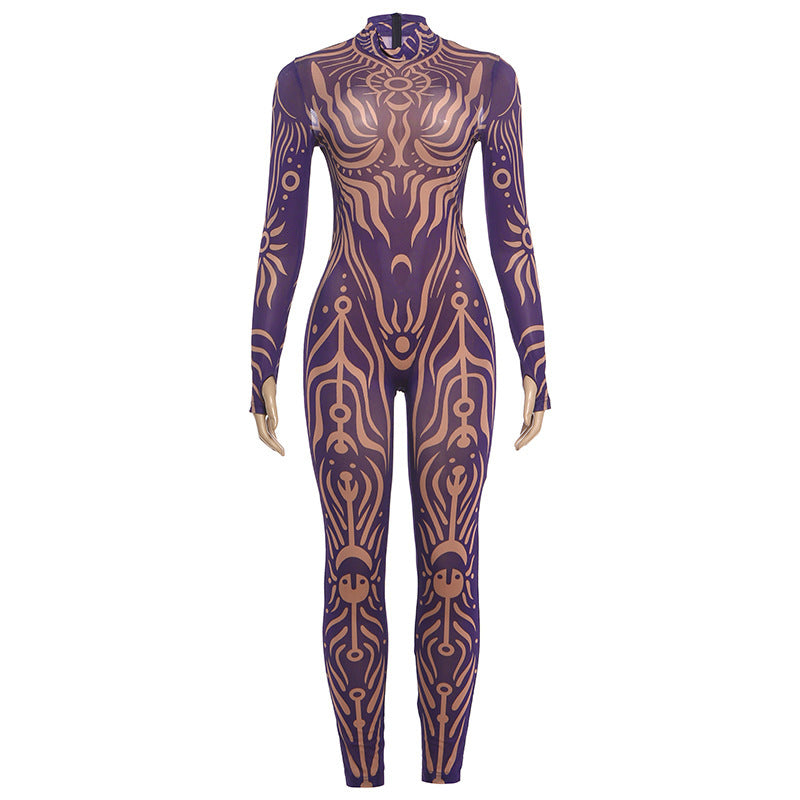 Tribal Tattoo Print Sheer Mesh Catsuit