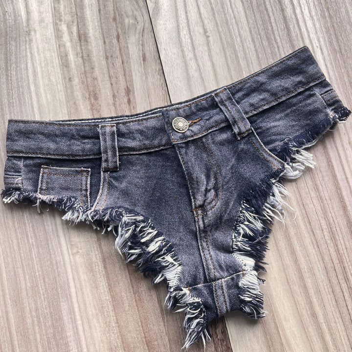 Frayed Edge Mini Denim Thong Shorts