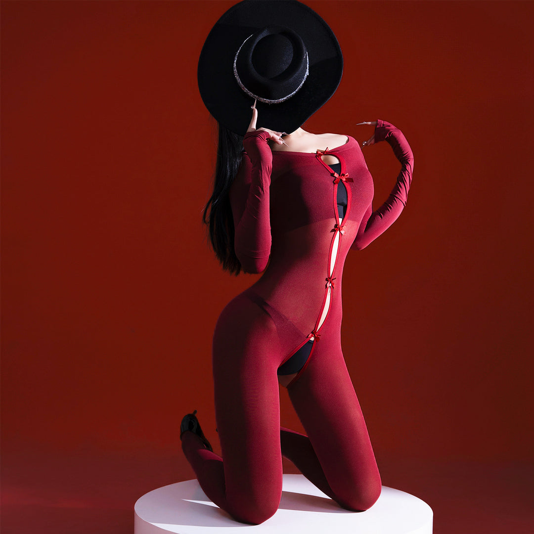 Velvet Bow Cutout Bodysuit