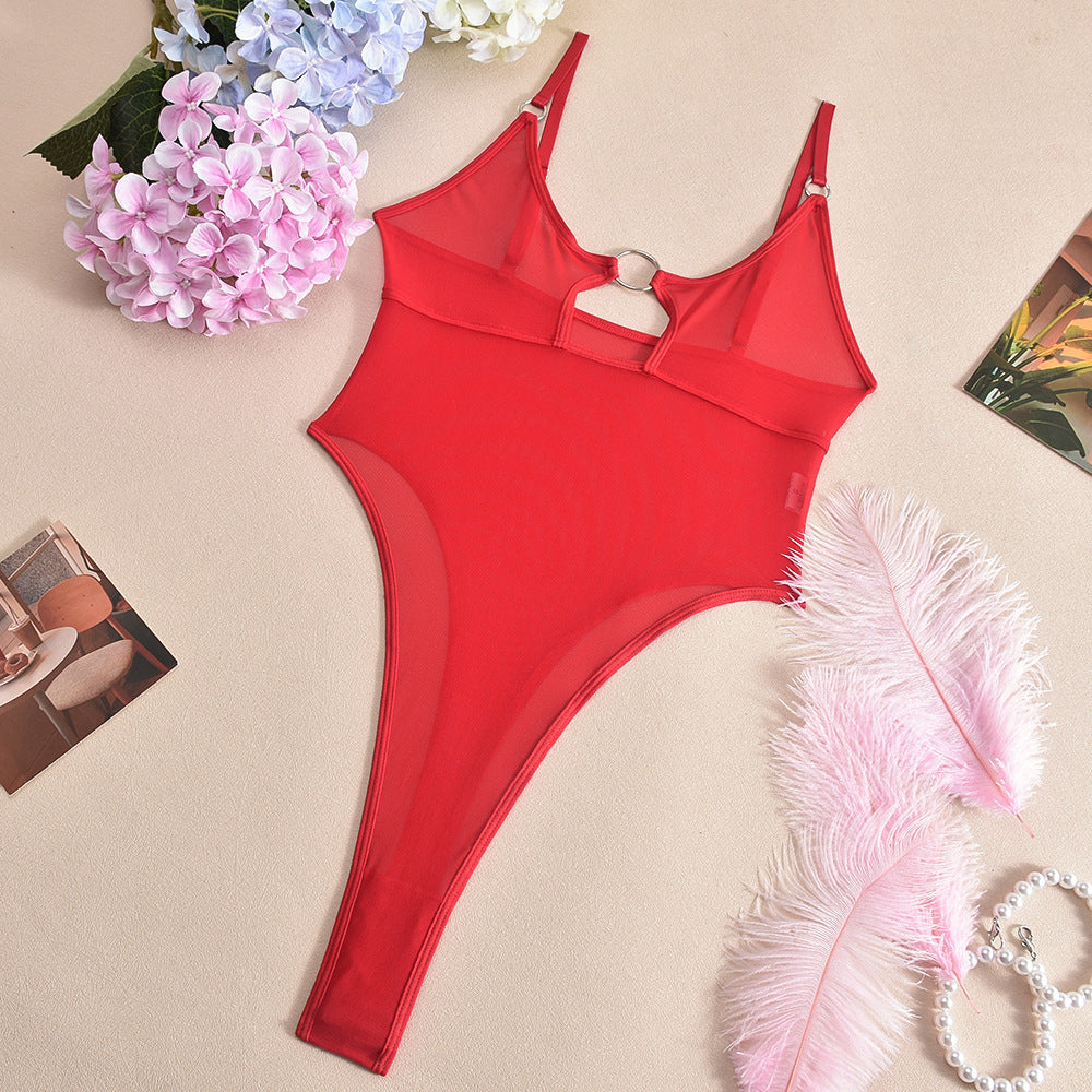 Solid Color O Ring Cutout Mesh Bodysuit