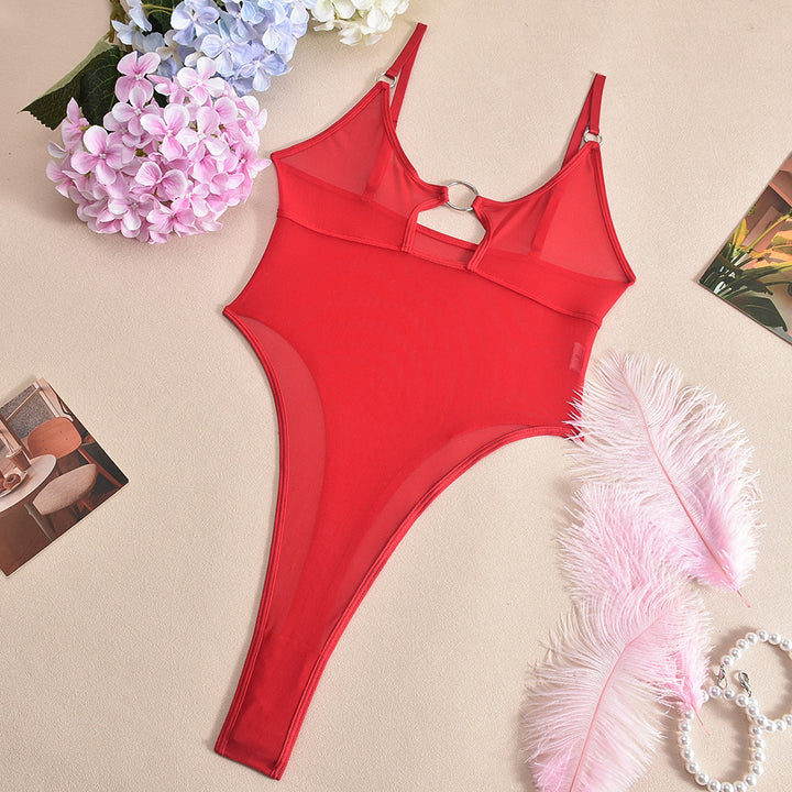 Solid Color O Ring Cutout Mesh Bodysuit