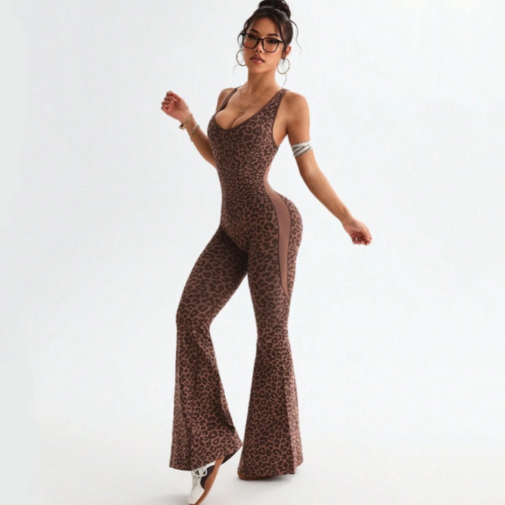 Leopard Print Scoop Neck Flare Leg Jumpsuit