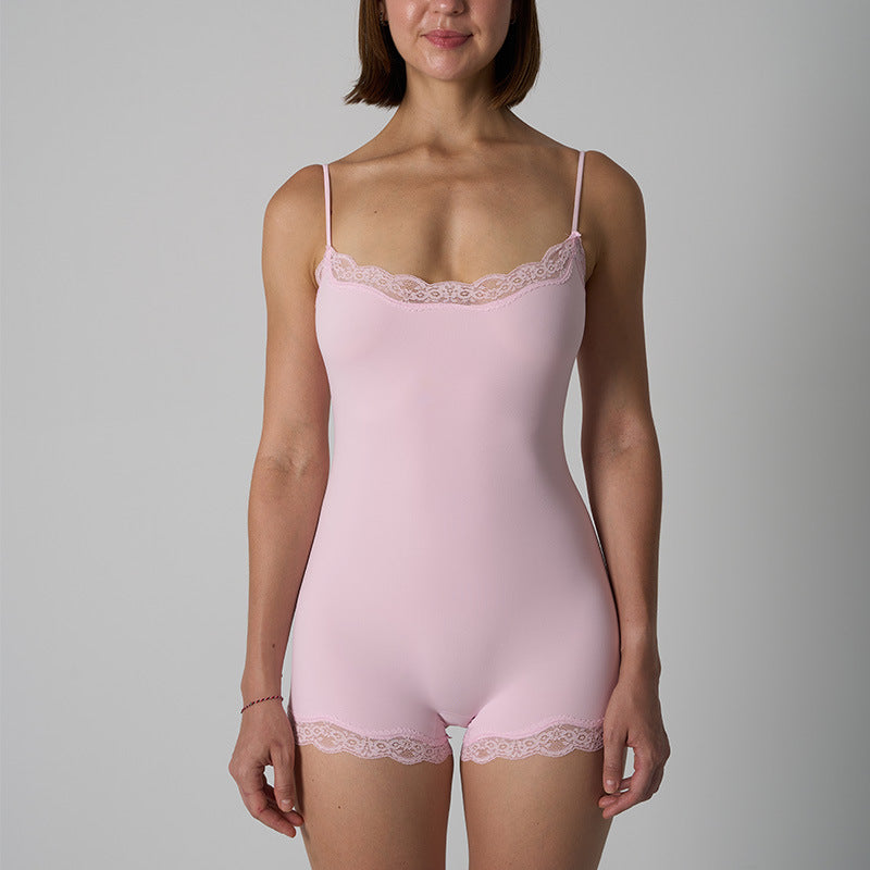 Lace Trim Spaghetti Strap Shapewear Bodysuit