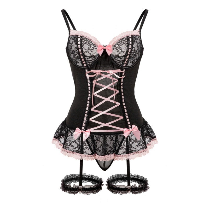 Lace Ribbon Corset Lingerie Set