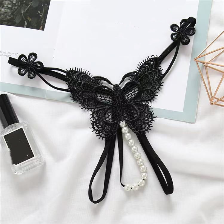 Butterfly Lace Dangling Pearl Thong