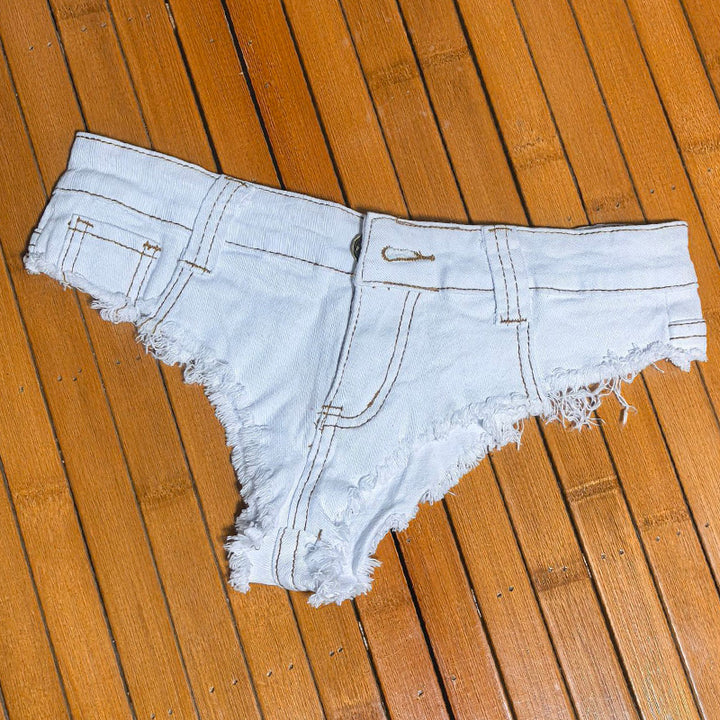 Frayed Edge Mini Denim Thong Shorts