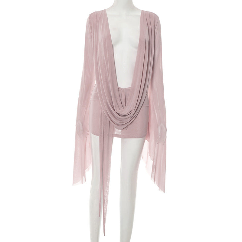 Flare Long Sleeve Draped Dress