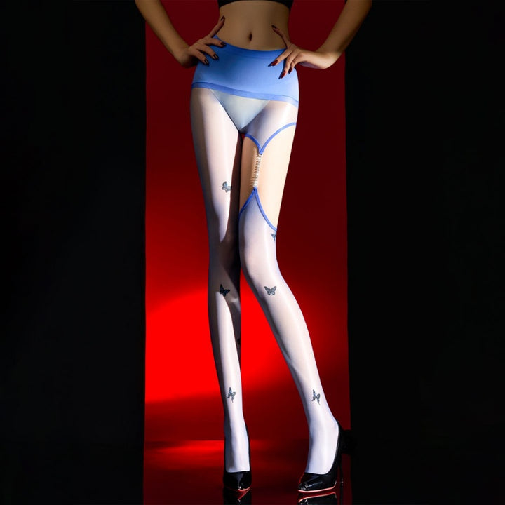 Aurora Butterfly Chain Glossy Thigh-High Stockings